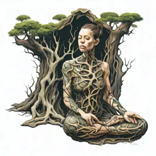 Meditating Woman Wearing Tree Root Dress