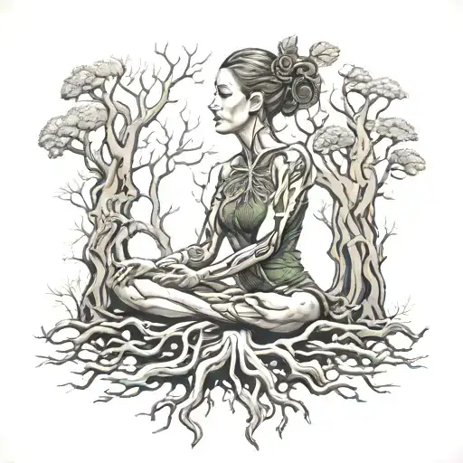 Woman Meditating With Tree Roots Coming Out Of Her Root Chakra