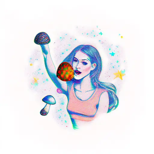 Girl Holding Magic Mushroom In Space