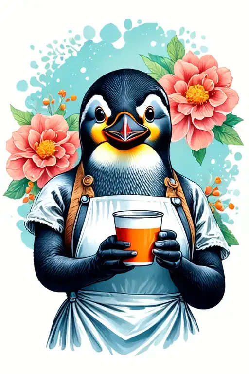 Female Penguin Wearing Apron Holding Coffee Cup