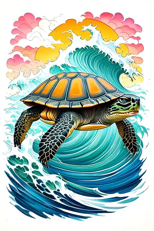 Turtle And Waves Flowing