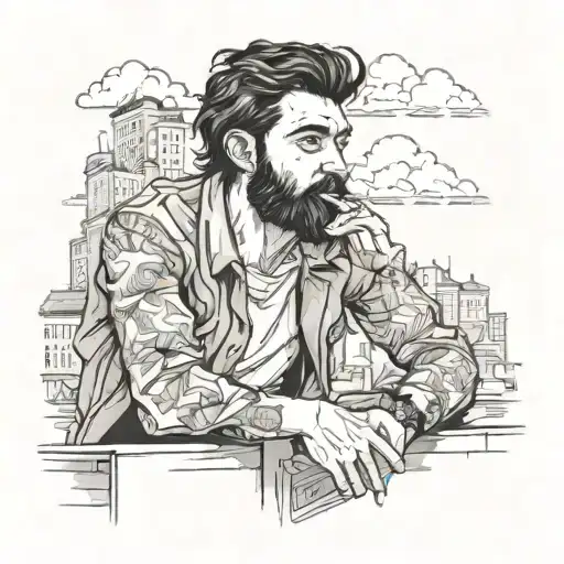 Young Man With Black Hair And Beard Smokes Sitting On A Low Wall Against A City Background