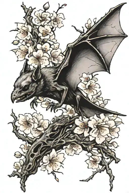 A Bat With An Exposed Skeleton And A Cherry Blossom