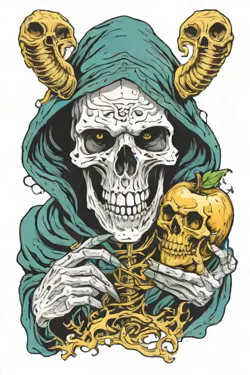 Grim Reaper With Goat Skull Biting A Golden Apple Surrounded By Teal Smoke