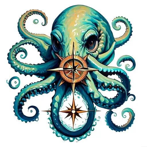 A Large Kraken Coming Out Of The Sea With A Nautical Compass Rose In Its Tentacles