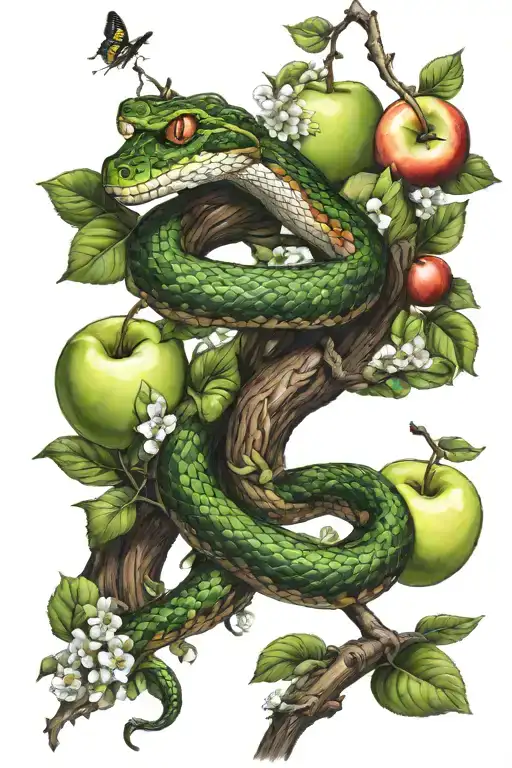 Snake Climbing An Apple Tree In Bloom