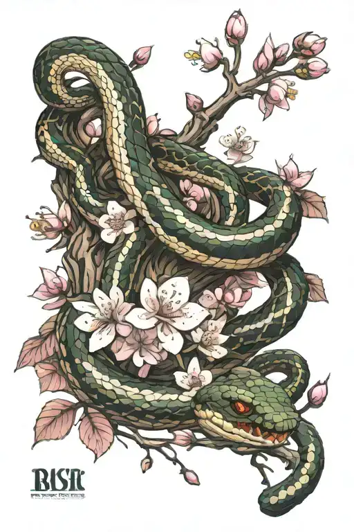 Snake Climbing An Tree Cherry Blossoms