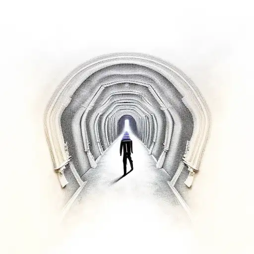 A Hallway Going Down With A Man Walking Down It With Heaven And Hell Surrounding The Hallway