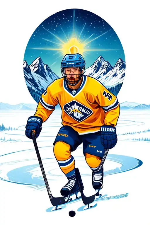 Pond Hockey Player Skating With Mountains And North Star