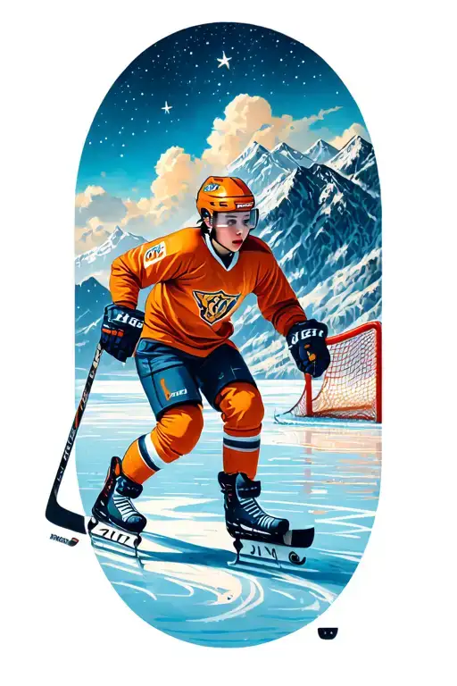 Female Pond Hockey Players Skating With Hockey Net Mountains And North Star