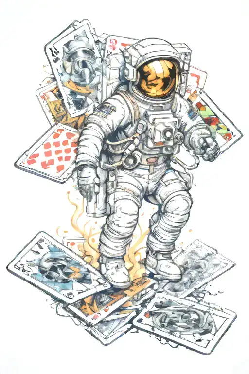 Astronaut Playing Cards Surrounded By City In Space