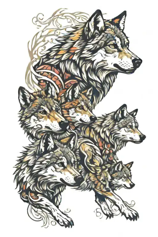 Wolf Family 2 Adult And 2 Cubs