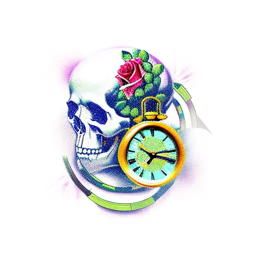 Clock With Roses And Skulls And Cyber