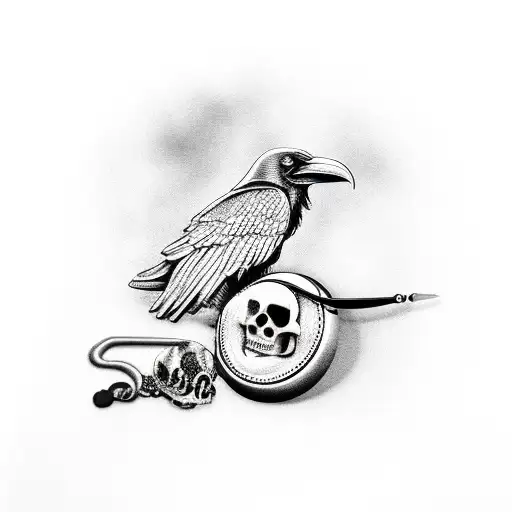 Raven Sitting On A Skull With A Cracked Pocket Watch In The Background