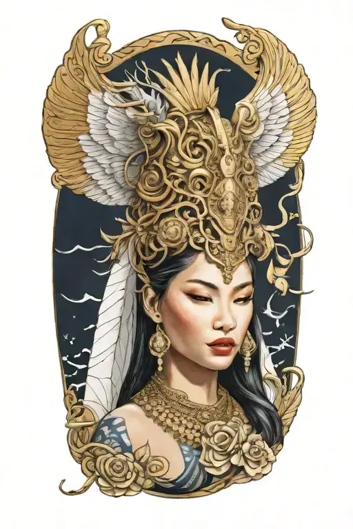 Maiden Wearing Golden Thai Headress Incorporating Sail Ship