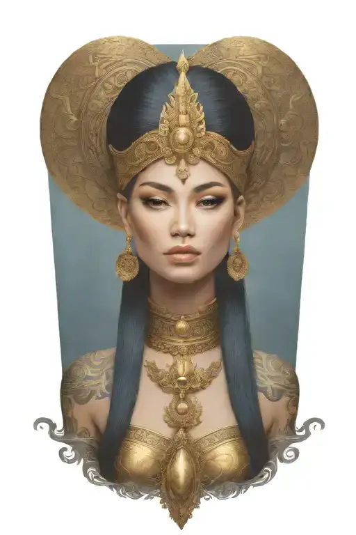 Maiden Wearing Golden Thai Headress Incorporating Sail Ship