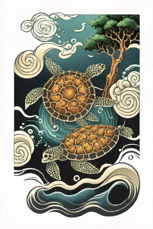 Tree Out Of Waves Flowing With A Mandala Turtle Swimming