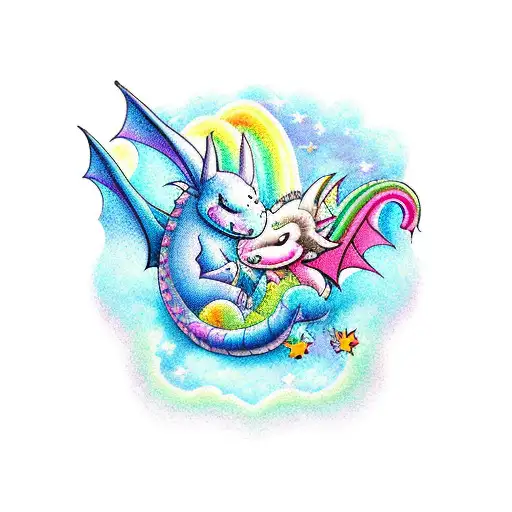 A Whimsical Cartoon Bat And Dragon Sharing A Magical Rainbow