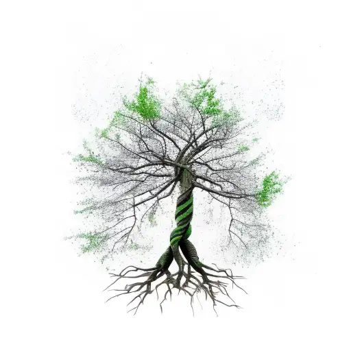 Tree With Roots And Green Fire As The Leaves