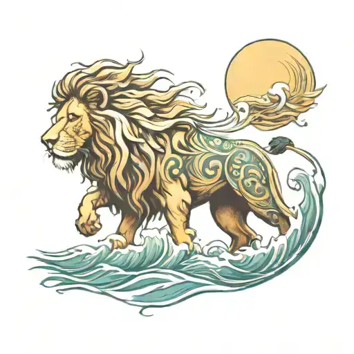 Lion In The Waves Of The Sea And Sun