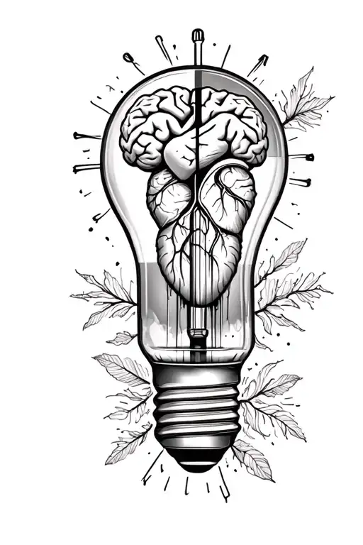 Half Brain Half Heart Inside Lightbulb Fine Line Shading