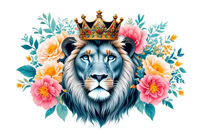 Lion Wearing A Crown Surrounded By Bold Flowers