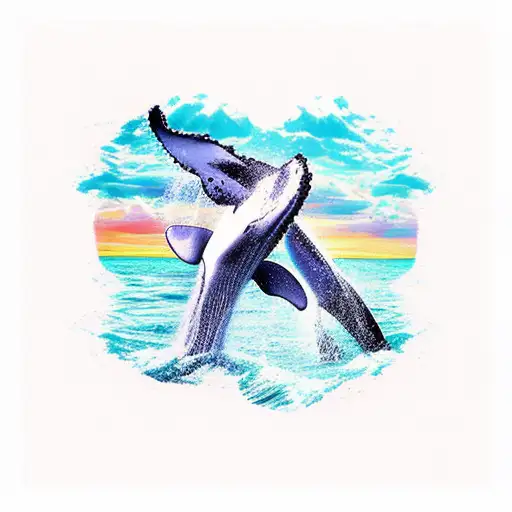 Whale Tail Entering In The Sea And Sunset