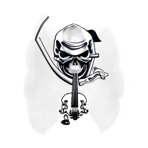 Grim Reaper With Smiling Skull Face With Hood Playing On Violin