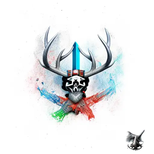 Antler With Axe And Crow And Viking Symbols