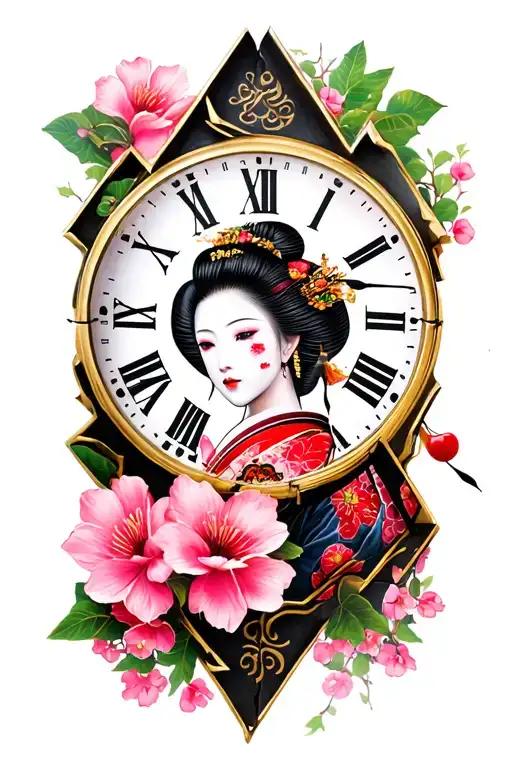 Broken Clock With A Geisha And Cherry Flowers