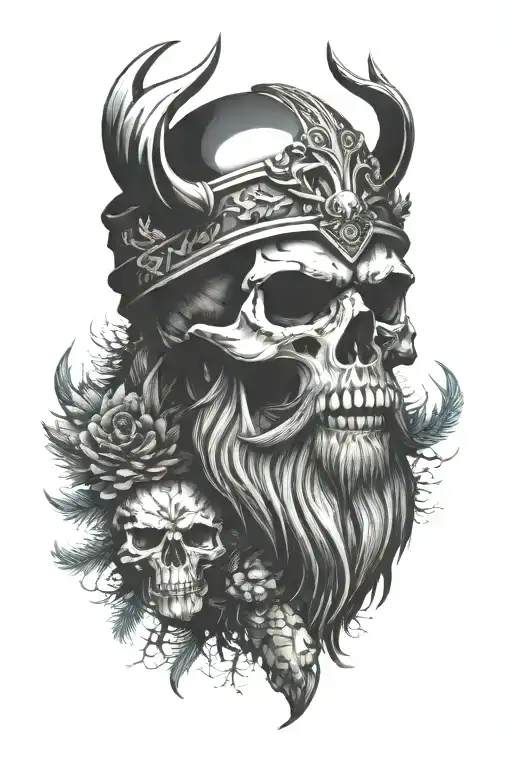 Viking Skull With Beard With Pine Tree With A Crown Made From Deer Antlers