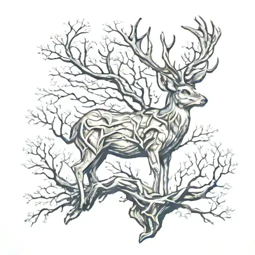 Deer Anlters As Branches On An Oak Tree