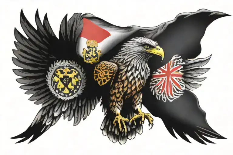 Hawk Carrying Belgian And German Flags In Its Talons