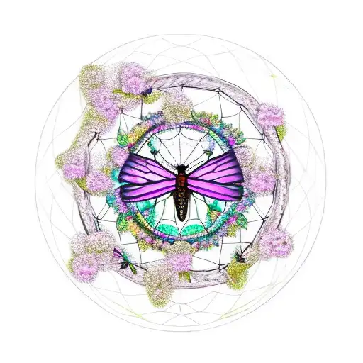 High Contrast Dreamcatcher With Flying Monarch Butterfly Around Lily Flowers