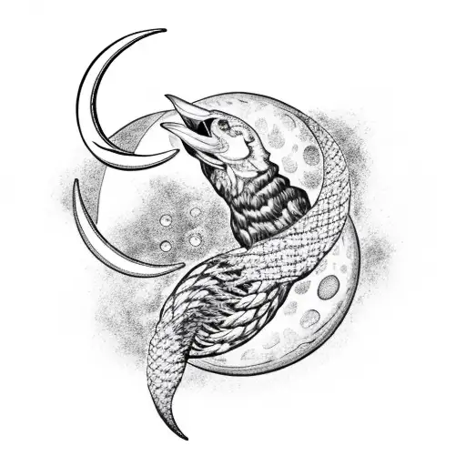 A Crescent Moon Made Of Intertwined Snakes With A Raven Flying Across It