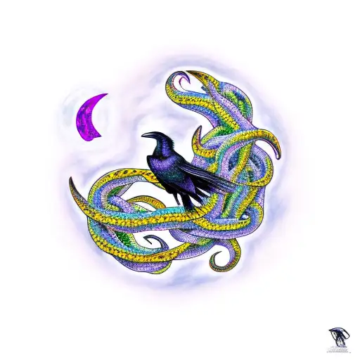 A Crescent Moon Made Of Intertwined Snakes With A Raven Flying Across It