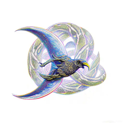A Crescent Moon Made Of Intertwined Snakes With A Raven Flying Across It