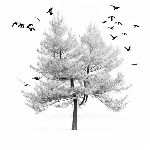 Large Black Pine Tree With A Flock Of Black Birds Flying Out Of The Tree In A Loose Line