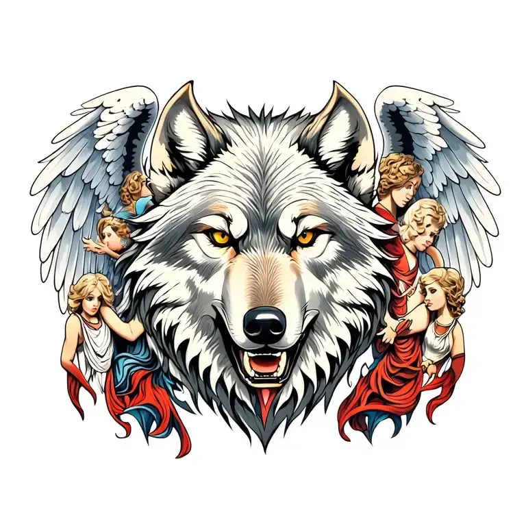 Giant Wolf Head With Demonic And Angelic Figure Surround By Wings