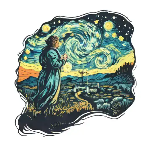 A Starry Night Van Gogh Inspired Galaxy Scene With A Silhouette Of A Mother And Child Holding Hands