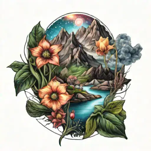 A Galaxy-themed Mountain Range With Narcissus And Poppy Flowers Intertwined In The Design