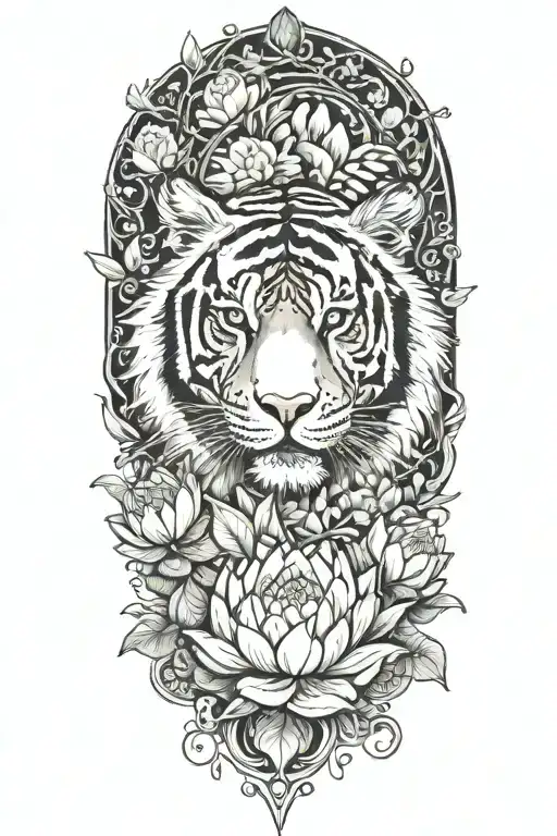 Tiger Surrounded By Lotus Flower Blooming