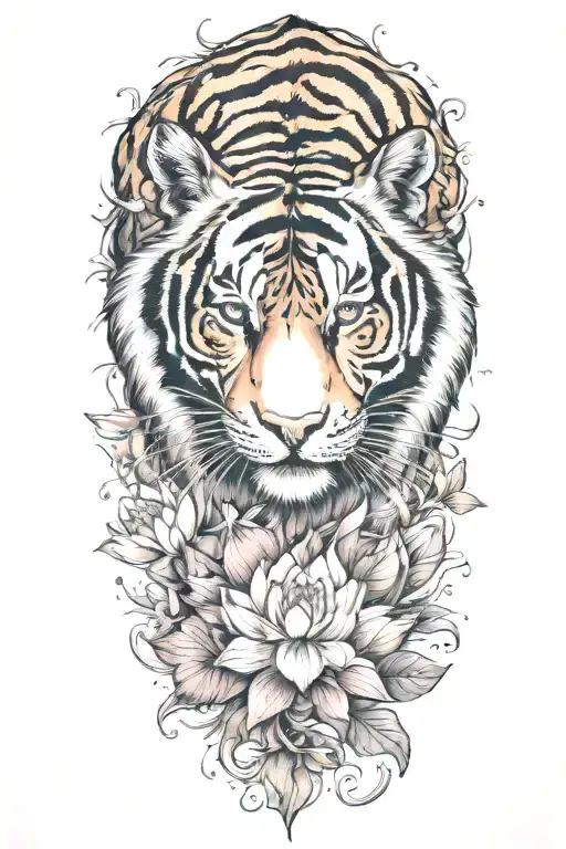 Colorful Tiger Surrounded By Lotus Flower Blooming