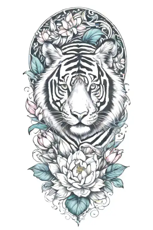 Colorful Tiger Surrounded By Lotus Flower Blooming
