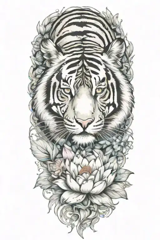 Colorful Tiger Surrounded By Lotus Flower Blooming