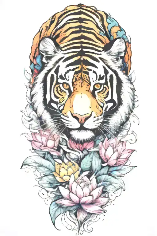 Colorful Tiger Surrounded By Lotus Flower Blooming