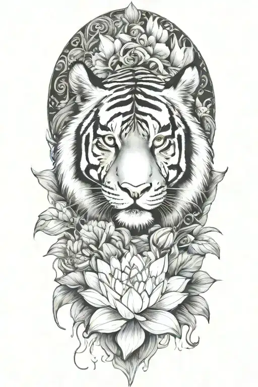 Tiger Surrounded By Lotus Flower Blooming Flower Emerging