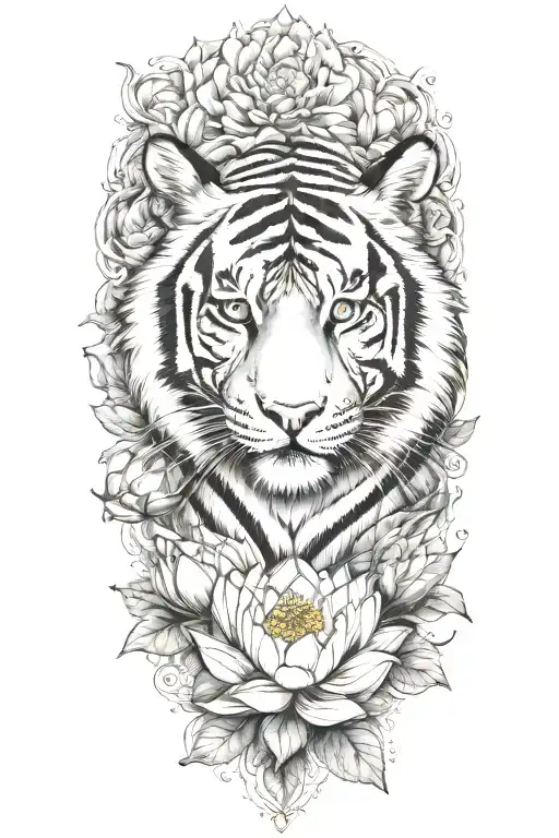 Tiger Surrounded By Lotus Flower Blooming Flower Emerging