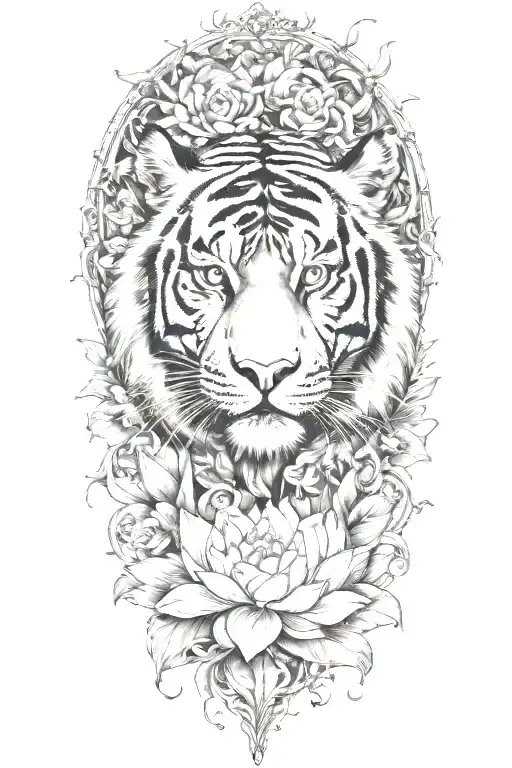 Tiger Surrounded By Lotus Flower Blooming Flower Emerging