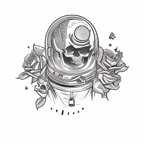 A Skull Of An Astronaut In Space Helmet And Roses